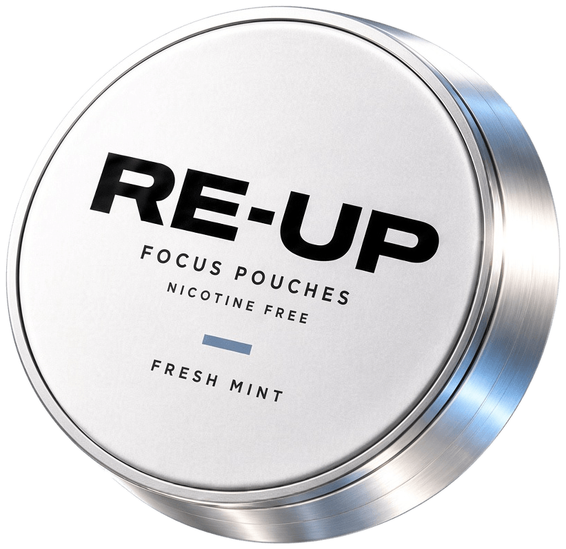 The Re-Up tin — brushed steel with a white lid reading Re-Up, Focus Pouches, Nicotine Free, Fresh Mint — slowly turning.